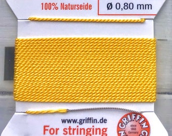 Size 8 Yellow Griffin Silk Bead Cord, Yellow Silk Cord, 6 Foot Card with Needle, .8mm Yellow Cord, Cord with Needle, Thin Yellow Cord