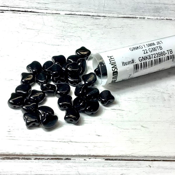 22 gram tube, 7.5mm Jet Ginko Bead, GNK8723980, Shiny Black Ginko Bead, Czech Glass Black Ginko Bead, Bead Weaving, Two-Hole Bead, Fan Bead