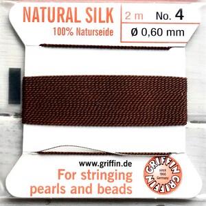 Size 4 Brown Griffin Silk Bead Cord, Brown Cord, 6 Foot Card with Needle, .6mm Brown Cord, Cord with Needle, Thin Brown Cord, Silk Cord
