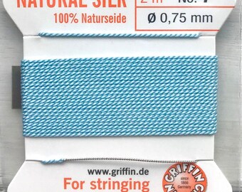 Size 7 Turquoise Griffin Silk Bead Cord, Light Blue Cord, 6 Foot Card with Needle, .75mm Blue Cord, Cord with Needle, Thin Blue Cord