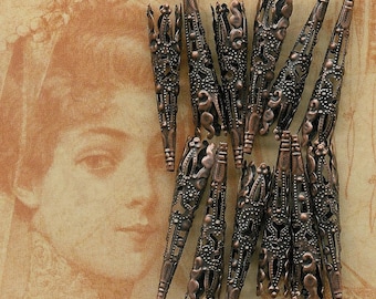 Antique Copper 41mm Victorian Filigree Long Bead Cap, 12 pieces, Copper Bead Cone, Filigree Bead Cone, Long Bead Cone, Steam Punk Filigree