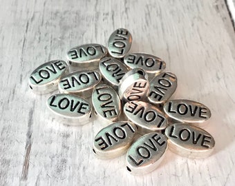 10mm Antique Silver Love Beads, 15 PC Pack, 10mm Silver Oval, 10mm Love, Word Bead, 10mm Silver Oval Bead, LOVE, Julie's Bead Store