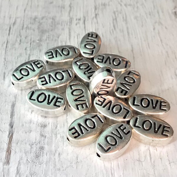 10mm Antique Silver Love Beads, 15 PC Pack, 10mm Silver Oval, 10mm Love, Word Bead, 10mm Silver Oval Bead, LOVE, Julie's Bead Store