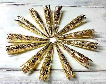 Gold Plated Bead Cone, 41mm Victorian Filigree Bead Cone, 12 pc, Long Filigree Bead Cone, Long Gold Bead Cone, Gold Filigree Bead Cone, Gold