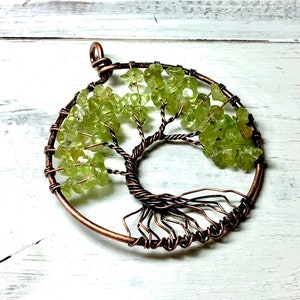 2 Copper Peridot Tree of Life Pendant, Copper Wire Wrapped Tree, Peridot Tree of Life Charm, August Birth Stone, Peridot, Copper Wire Tree image 1