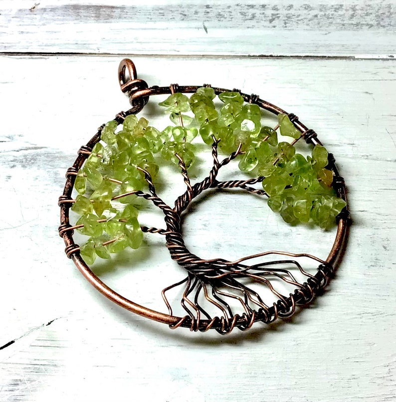 2 Copper Peridot Tree of Life Pendant, Copper Wire Wrapped Tree, Peridot Tree of Life Charm, August Birth Stone, Peridot, Copper Wire Tree image 1