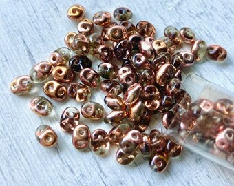 22.5 grams-2.5x5mm Superduo Half Copper Bead, Twin Bead, Smoke Grey Capri Gold Superduo, Bead Weaving, Two Hole Seed Bead, Brown Superduo
