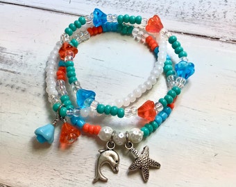 Kit de pulsera elástica para niños, kit de pulsera de playa, kit de pulsera de delfín, kit de tobillera, kit de pulsera, kit de cuentas de vidrio, kit de dijes de estrella de mar, kit de playa