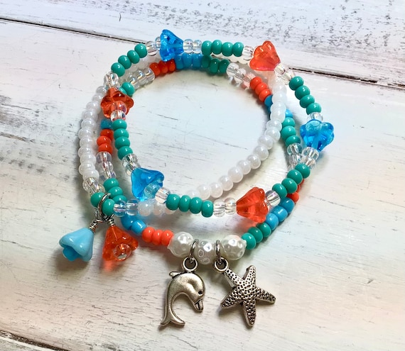 Kids Stretchy Bracelet Kit, Beach Bracelet Kit, Dolphin Bracelet Kit,  Anklet Kit, Bracelet Kit, Glass Bead Kit, Starfish Charm Kit, Beach 