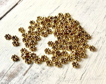 4mm Antique Gold Flower Spacer, 100 Pieces, Antique Gold Bali Heishe, Gold Daisy Flat, 4mm Gold  Spacer, Gold Flower Spacer, Gold Daisy