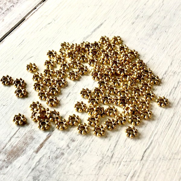 4mm Antique Gold Flower Spacer, 100 Pieces, Antique Gold Bali Heishe, Gold Daisy Flat, 4mm Gold  Spacer, Gold Flower Spacer, Gold Daisy