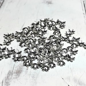 Cute Little 6mm Tulip Antique Silver Floral Bead Cap, 100 Pieces, 5 Petal Bead Cap, Antique Silver Bead Cap, Small Leaf Bead Cap, 5mm Cap image 1