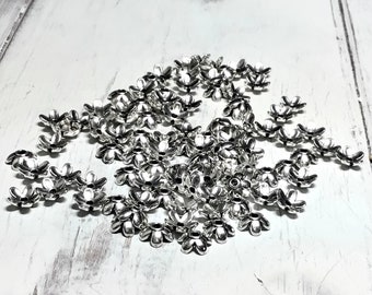 Cute Little 6mm Tulip Antique Silver Floral Bead Cap, 100 Pieces, 5 Petal Bead Cap, Antique Silver Bead Cap, Small Leaf Bead Cap, 5mm Cap