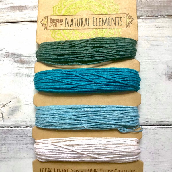 Hemp 4 Color Card, 20 lb Test Hemp, Aqua Shades, 1 mm Hemp, 100% Hemp Cord, Turquoise Hemp, Teal Hemp, Aqua Hemp, White Hemp, Blue Hemp