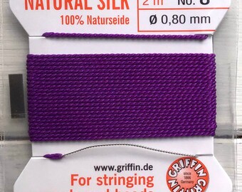 Size 8 Amethyst Griffin Silk Bead Cord, Purple Cord, 6 Foot Card with Needle, .8mm Dark Violet Cord, Cord with Needle, Thin Purple Cord