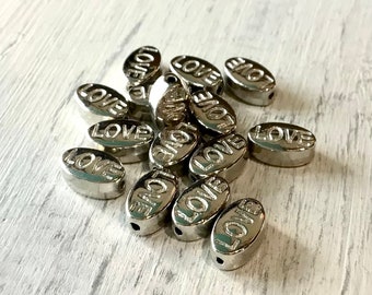 10mm Chrome Silver Love Beads, 15 PC Pack, 10mm Silver Oval, 10mm Love, Word Bead, 10mm Silver Oval Bead, LOVE, Julie's Bead Store