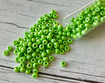 8/0 Seed Bead AB Lime Green, 22 gram/5 inch tube, Size 8 Glass Seed Bead, Opaque Lime Green Seed Bead, Julie's Bead Store, Mt Dew Green Bead