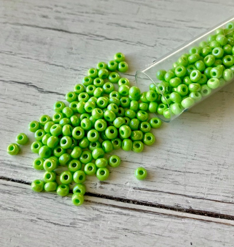 8/0 Seed Bead AB Lime Green, 22 gram/5 inch tube, Size 8 Glass Seed Bead, Opaque Lime Green Seed Bead, Julie's Bead Store, Mt Dew Green Bead image 1