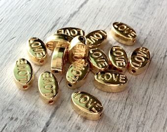 10mm Gold Plated Love Beads, 15 PC Pack, 10mm Gold Oval, 10mm Love, Word Bead, 10mm Shiny Gold Oval Bead, LOVE, Julie's Bead Store