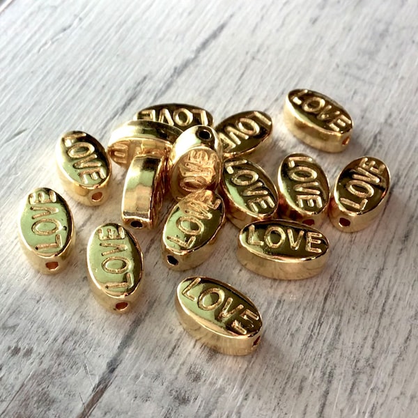 10mm Gold Plated Love Beads, 15 PC Pack, 10mm Gold Oval, 10mm Love, Word Bead, 10mm Shiny Gold Oval Bead, LOVE, Julie's Bead Store