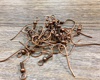 24 PIEZAS, Ganchos para pendientes de cobre con bola y espiral, Ganchos para pendientes de cobre antiguo, Alambres para pendientes de cobre, Componentes para pendientes de cobre, Tienda de abalorios de Julie, Cobre