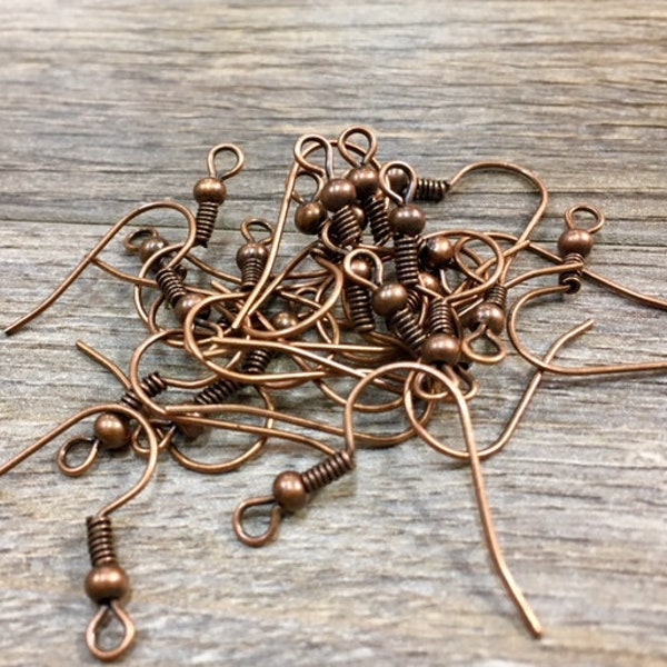 24 PIECE, Copper Ball and Coil Earwires, Antique Copper Earwires, Copper Earring Wires, Copper Earring Findings, Julie's Bead Store, Copper
