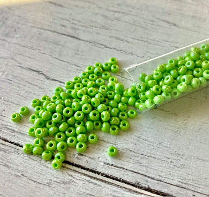 8/0 Seed Bead AB Lime Green, 22 gram/5 inch tube, Size 8 Glass Seed Bead, Opaque Lime Green Seed Bead, Julie's Bead Store, Mt Dew Green Bead image 2