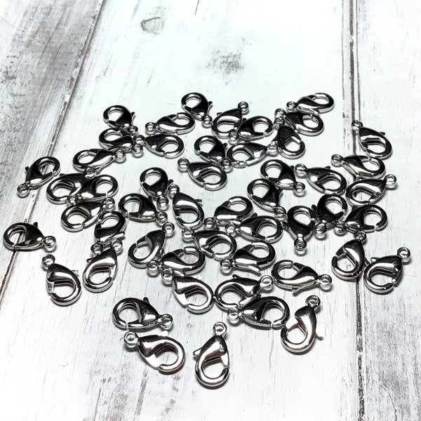 50pc-15mm x 8mm High Quality Antique Silver Plated Lobster Claw, Large Lobster Claw, Easy Clasp, Lobster Claw, 15mm Lobster, Platinum Plated