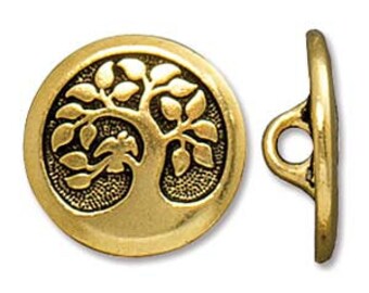 2pc-16mm Gold Plate Tree of Life Button, Tierra Cast Button, Tree of Life Button, 16mm Gold Button, Leather Wrap Button, Tree of Life Clasp