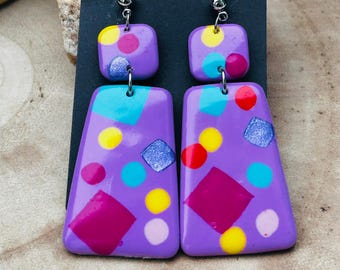 Pendientes rectangulares de arcilla polimérica morados, divertidas joyas hechas a mano, pendientes ligeros, regalo original para mujer