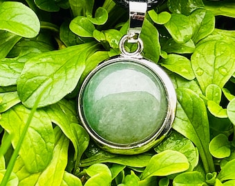 Green aventurine pendant, natural stone, mounted on a black braided leather cord, handmade jewelry from France