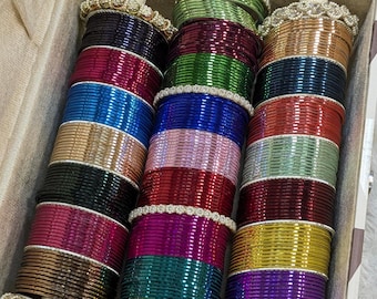 Multicolour glossy metal bangles & moti bangles with organiser box for festive and wedding wear