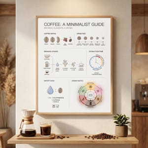 May include: A framed print titled "COFFEE: A MINIMALIST GUIDE" with coffee brewing information. The print is displayed above a wooden shelf holding a coffee maker, a glass of coffee, and coffee beans. A small potted plant is also on the shelf.