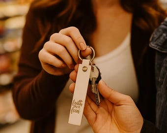 Personalized Cream Leather Keychain | Engraved Christian Gift