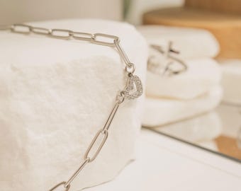 Crystal Heart Paperclip Chain Bracelet | Stainless Steel