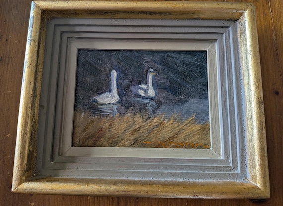 Vintage Swedish Oil Painting | Framed Original Nordic Art | Moody Swan Landscape Art | Scandinavian Country Decor