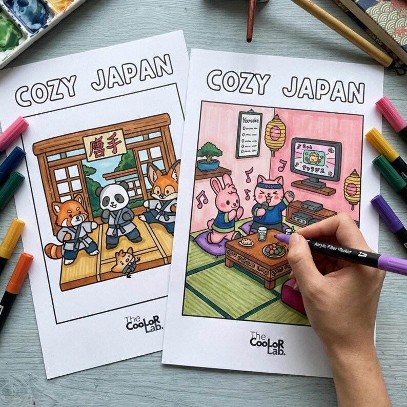 以下が含まれることがあります： 「Cozy Japan」のぬりえ2枚。道場とリビングルームで漫画の動物たちが描かれています。道場のシーンには、空手着を着たパンダ、キツネ、アライグマが登場。リビングルームのシーンでは、猫がカラオケを歌っています。The Coolor Lab.