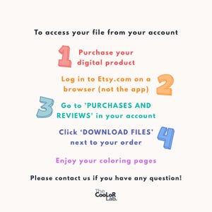 May include: A white background with instructions on how to access a digital product purchased on Etsy. The steps are numbered with colorful graphics. The Coolor Lab logo is at the bottom.