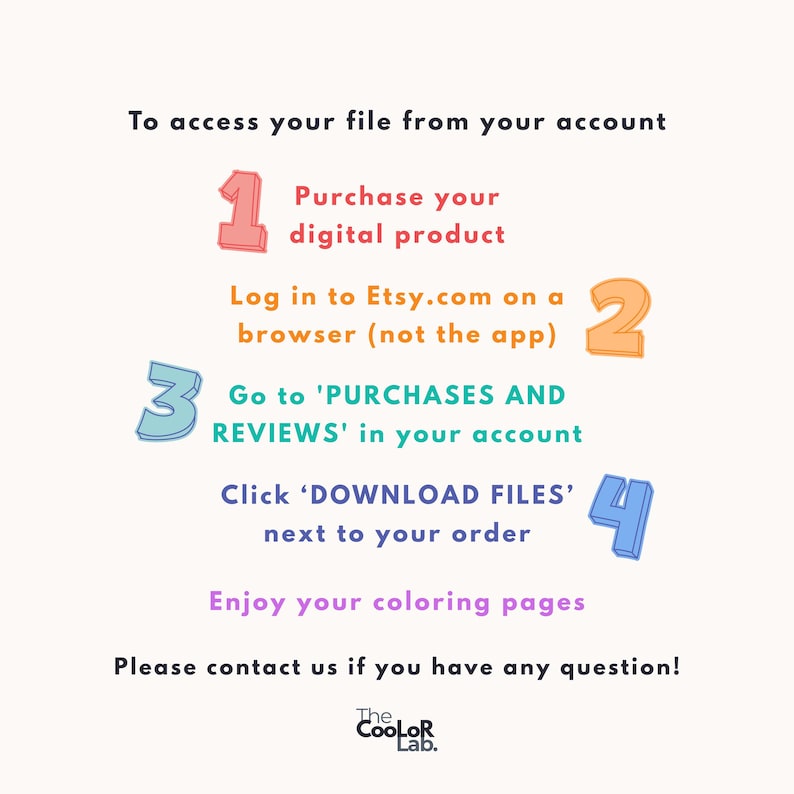 May include: A white background with instructions on how to access a digital product purchased on Etsy. The steps are numbered with colorful graphics. The Coolor Lab logo is at the bottom.