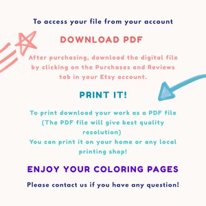 以下が含まれることがあります： EtsyアカウントからPDFファイルにアクセスして印刷する方法に関するデジタルダウンロードガイド。テキストには「DOWNLOAD PDF」、「PRINT IT！」、「ENJOY YOUR COLORING PAGES」が含まれており、星と矢印のグラフィックが付いています。
