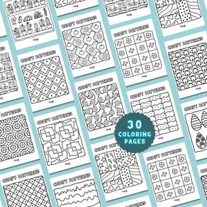 May include: A collection of 30 coloring pages with various patterns, including stars, flowers, and geometric designs. Each page is labeled "Comfy Patterns" in a simple, black and white design, perfect for creative coloring.