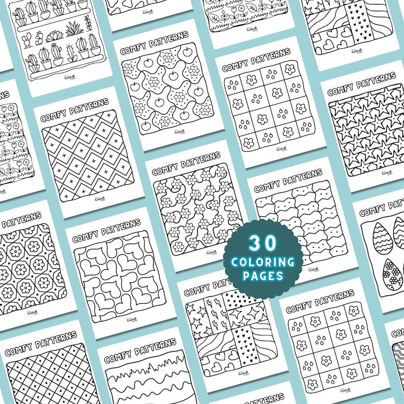 May include: A collection of 30 coloring pages with various patterns, including stars, flowers, and geometric designs. Each page is labeled "Comfy Patterns" in a simple, black and white design, perfect for creative coloring.