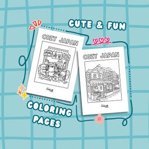 以下が含まれることがあります： 「COZY JAPAN」の文字と日本の風景のイラストが描かれた、白黒の塗り絵が2ページ。ページには「COLORING PAGES」と「CUTE & FUN」の文字が書かれています。Coolor Labのロゴがページの下部に表示されています。