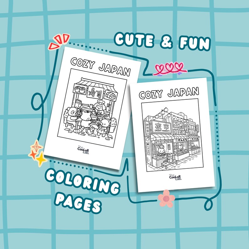 以下が含まれることがあります： 「COZY JAPAN」の文字と日本の風景のイラストが描かれた、白黒の塗り絵が2ページ。ページには「COLORING PAGES」と「CUTE & FUN」の文字が書かれています。Coolor Labのロゴがページの下部に表示されています。