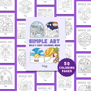 Op de afbeelding: Een verzameling kleurplaten met een centraal boek met de titel "SIMPLE ART" en de tekst "BOLD & EASY COLORING BOOK". De omslag toont landschappelijke illustraties. Een paarse cirkel geeft "50 COLORING PAGES" aan.