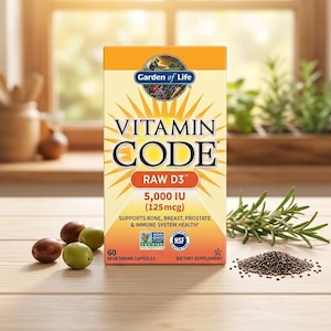 May include: A rectangular box of Garden of Life Vitamin Code Raw D3 dietary supplement containing 60 vegetarian capsules. The yellow and orange packaging displays 5,000 IU (125 mcg) and features Non-GMO and NSF certification logos.