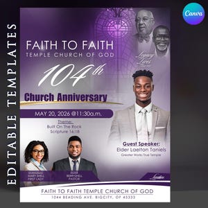 以下が含まれることがあります： Faith to Faith Temple Church of Godの104周年記念の紫と白のチラシ。チラシには、日付、時間、テーマ、ゲストスピーカー、教会の指導者の写真が含まれています。