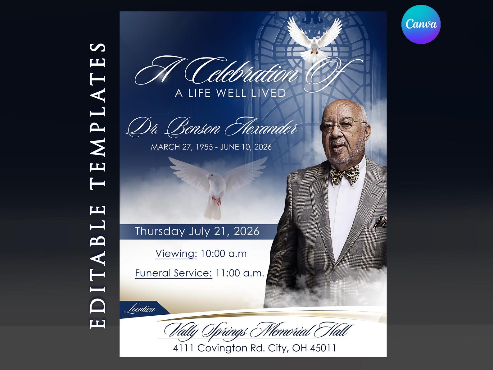 Funeral Template, Celebration of Life Flyer, Editable in Canva Etsy