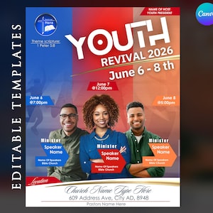 Puede incluir: Un cartel promocional para un evento de avivamiento juvenil, con un esquema de colores rojo, blanco y azul. El cartel incluye el texto "YOUTH REVIVAL 2026" y las fechas del evento. También muestra imágenes de tres personas y detalles sobre los oradores y la ubicación.