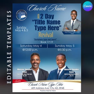 Puede incluir: Plantilla de folleto de avivamiento de iglesia azul y blanco con el texto "Church Name" y "2 Day Title Name Type Here Revival". Incluye imágenes de dos hombres y detalles del evento.